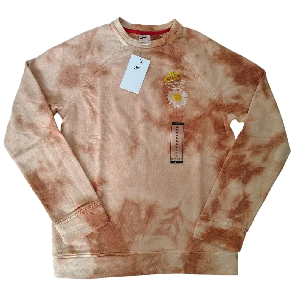 Nike Kids Crewneck Sweatshirt XL Tie Dye Daisy Peach Brown Have A Nike Day NEW